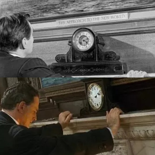 Trong phim "Titanic", nhân vật kiến trúc sư Thomas Andrews đặt tay lên bệ trên của lò sưởi và nhận ra con tàu do chính mình thiết kế đang chìm (ảnh dưới) trông giống hệt một cảnh quay trong bộ phim "A Night to Remember" (tạm dịch: "Một đêm đáng nhớ" - ảnh trên). Đây là một bộ phim cũng về đề thảm họa Titanic được công chiếu năm 1958.