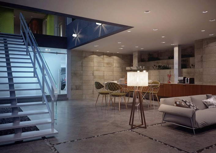 Sàn nhà làm bằng gạch thô với cạnh rải sỏi mang cảm giác gần gũi thiên nhiên.