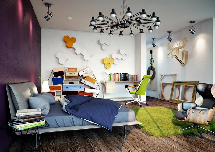 Phòng ngủ quay lại chủ đề màu sắc giống với phòng khách rực rỡ sắc màu.