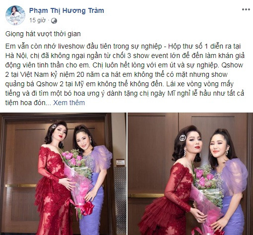 Trên trang cá nhân, Hương Tràm chia sẻ tình cảm dành cho đàn chị. "Em vẫn còn nhớ liveshow đầu tiên trong sự nghiệp - Hộp thư số 1 diễn ra tại Hà Nội, chị đã không ngại từ chối 3 show event lớn để đến làm khán giả động viên tinh thần cho em. Chị luôn hết lòng với em út và sự nghiệp. Q show 2 tại Việt Nam kỷ niệm 20 năm ca hát em không thể có mặt nhưng show quảng bá Q show 2 tại Mỹ em không thể không đến...".