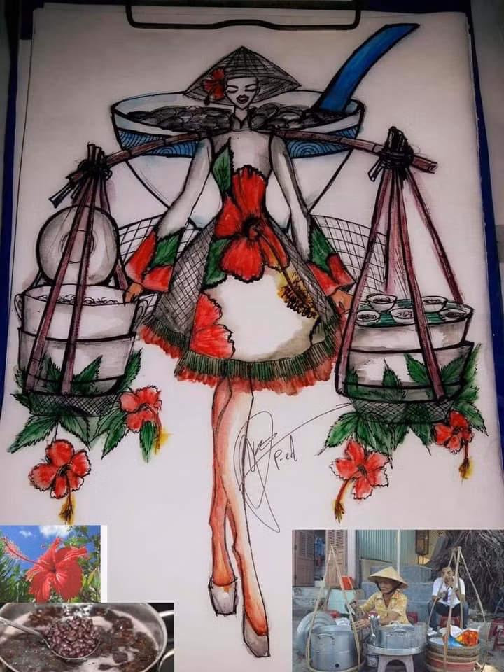 Fan còn vẽ tặng Hoàng Thùy quốc phục hoa dâm bụt kết hợp chè đậu đen.