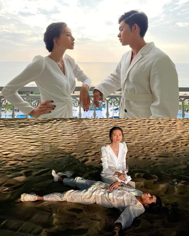 "Lên đồ" đẹp phát hờn thế nhưng sau đó vài tiếng, Ngô Thanh Vân ngồi bất lực trên cát nhìn Jun Phạm "say quá say".