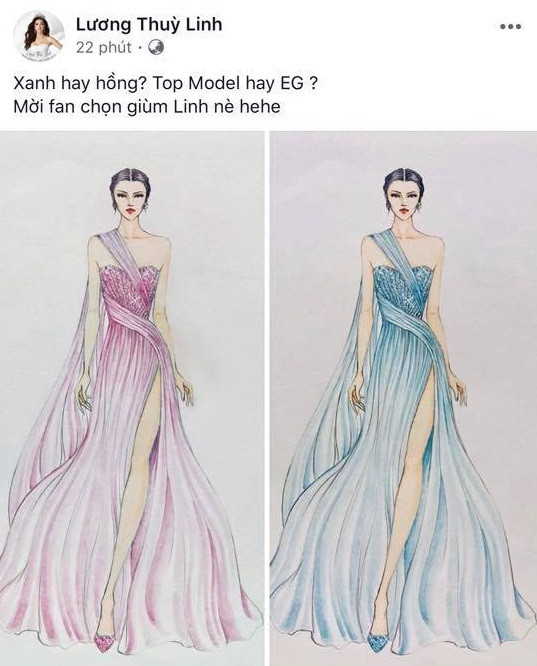 Trước đó, Hoa hậu Lương Thùy Linh đã khoe bản thiết kế để trưng cầu ý fan nên mặc đầm màu xanh hay hồng và nhận được rất nhiều lời khen ngợi.