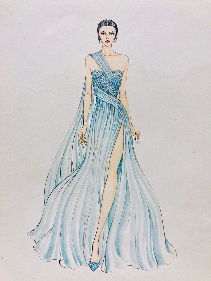 Trang phục đặc biệt này được lấy cảm hứng từ thác Bản Giốc trên chính quê hương Cao Bằng của nàng hậu với những tà váy bằng voan mỏng vừa mềm mại, uốn lượn lại vừa mạnh mẽ, cuồn cuộn như dòng thác.