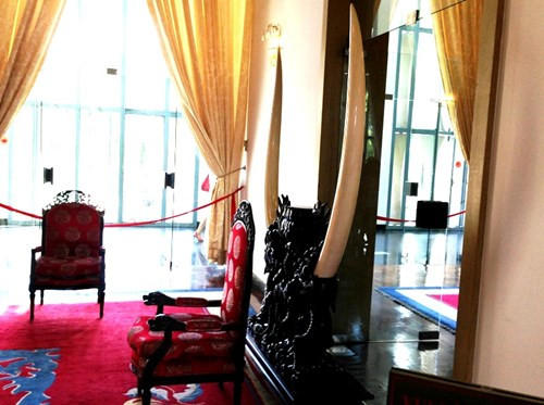 Mặt sau của phòng tiếp khách là nơi Tổng thống tiếp khách quan trọng. Tổng thống ngồi trên chiếc ghế, phía sau có hai sừng voi to, hai bên là khách.