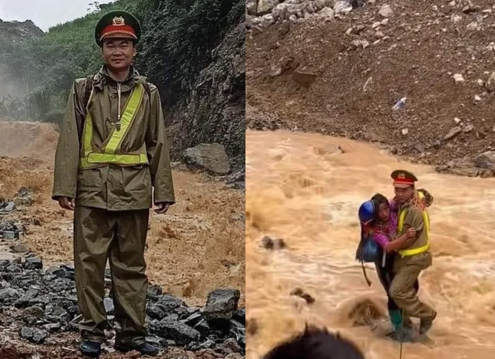 Không ngần ngại, Thượng úy Nguyễn Mạnh Tường đã nhanh chóng lao xuống dòng nước lũ và đưa nạn nhân vào bờ thành công.