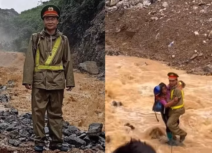 Không ngần ngại, Thượng úy Nguyễn Mạnh Tường đã nhanh chóng lao xuống dòng nước lũ và đưa nạn nhân vào bờ thành công.