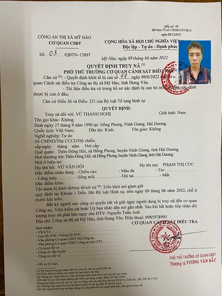 Cục CSGT đã đã phát thông báo tới Phòng CSGT các tỉnh trên toàn quốc phối hợp truy tìm, bắt giữ 5 bị can trốn khỏi nhà tạm giam Công an huyện Mỹ Hào (Hưng Yên). 