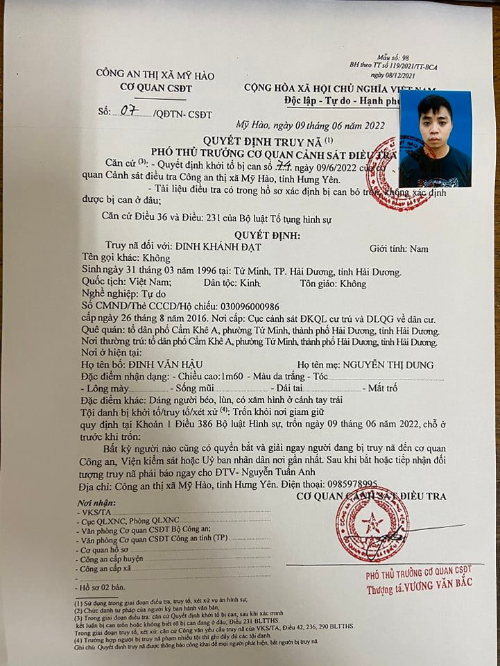 Người dân khi phát hiện nhóm bị can trên có quyền bắt, áp giải, đưa đến trụ sở công an, VKS, UBND gần nhất, hoặc thông báo cho Công an huyện Mỹ Hào qua số điện thoại: 098.597.8995.