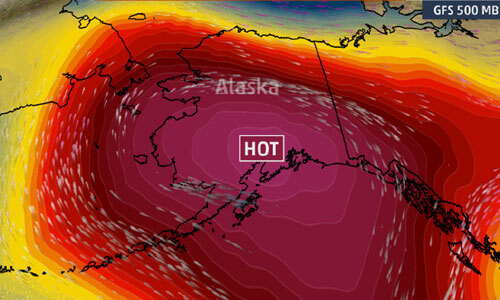 Theo NOAA, nhiệt độ tại Alaska đang tăng lên rất cao, trung bình đã tăng lên 2,5 độ C. Tại Bắc Cực, nhiệt độ nóng lên, băng đang tan với tốc độ chóng mặt gấp 3 lần so với các mùa. Theo tính toán của nhà khí hậu học Andrew Shepherd thuộc Đại học Leeds ghi nhận, Trái Đất đã mất đi 36 nghìn tấn băng từ năm 1992 đến nay. Băng tại Bắc Cực và Nam Cực đang tan chảy rất nhiều vào mỗi mùa hè so với trước đây. Tuy nhiên theo tính toán của Michael Zemp, người điều hành tại World Glacier Monitoring Service cho biết, con số mà Shepherd công bố có thể thấp hơn rất nhiều, theo ông tính toán, hàng năm các sông băng trên thế giới đã mất đi gần 9,5 nghìn tấn băng, nghĩa là nhiều hơn khoảng một nghìn tỷ tất so với số liệu của Shepherd. Ảnh: Alaska nắng nóng kỷ lục kéo dài.