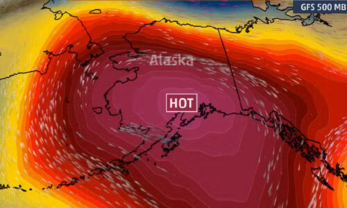 Theo NOAA, nhiệt độ tại Alaska đang tăng lên rất cao, trung bình đã tăng lên 2,5 độ C. Tại Bắc Cực, nhiệt độ nóng lên, băng đang tan với tốc độ chóng mặt gấp 3 lần so với các mùa. Theo tính toán của nhà khí hậu học Andrew Shepherd thuộc Đại học Leeds ghi nhận, Trái Đất đã mất đi 36 nghìn tấn băng từ năm 1992 đến nay. Băng tại Bắc Cực và Nam Cực đang tan chảy rất nhiều vào mỗi mùa hè so với trước đây. Tuy nhiên theo tính toán của Michael Zemp, người điều hành tại World Glacier Monitoring Service cho biết, con số mà Shepherd công bố có thể thấp hơn rất nhiều, theo ông tính toán, hàng năm các sông băng trên thế giới đã mất đi gần 9,5 nghìn tấn băng, nghĩa là nhiều hơn khoảng một nghìn tỷ tất so với số liệu của Shepherd. Ảnh: Alaska nắng nóng kỷ lục kéo dài.