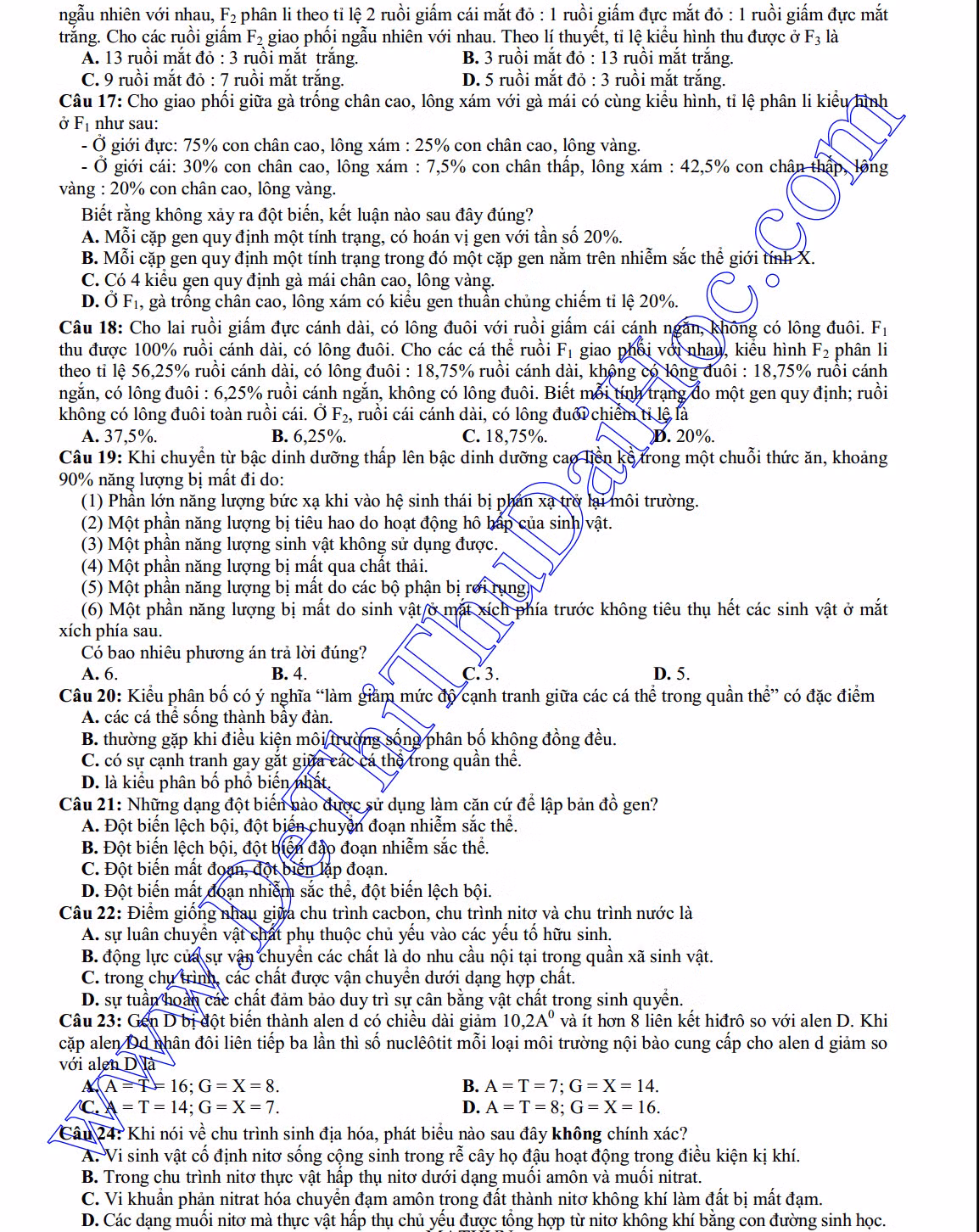 Dap an, de thi thu THPT quoc gia mon Sinh chuyen DH Vinh-Hinh-3