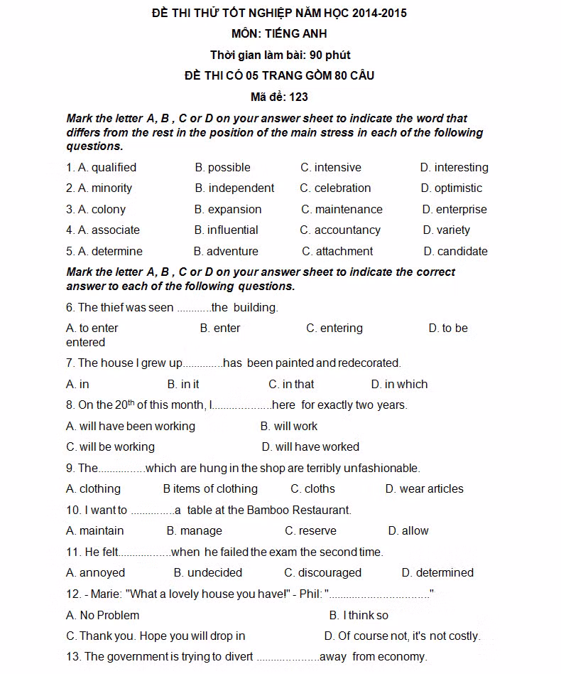 De thi thu THPT quoc gia mon Anh truong chuyen Le Hong Phong