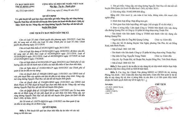 Binh Phuoc: Nha thau nao thi cong DA duong Nguyen Thai Hoc 130 ty?