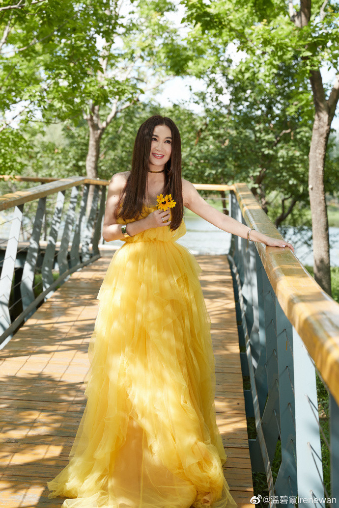 Diện bộ váy voan màu vàng bồng bềnh rực rỡ, Ôn Bích Hà đẹp như nữ thần mùa thu.