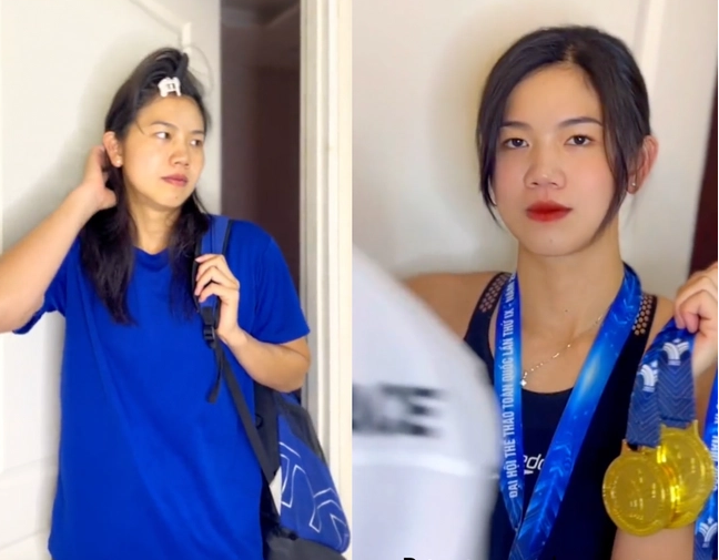 Gương mặt nữ "tiểu tiên cá" Ánh Viên khi điểm phấn tô son nhẹ nhàng đã trở nên xinh đẹp, cuốn hút hơn hẳn.