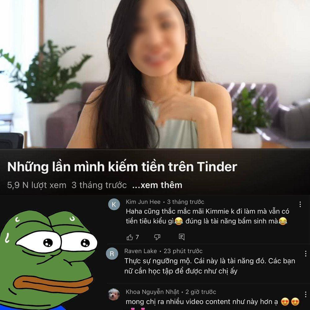 K. khẳng định mình không có ngoại hình, không biết chụp ảnh, sợ camera nên ở tài khoản Tinder cô dùng meme hài hước và phần mô tả vui vẻ, thể hiện sự vui tính. Mục đích của việc này là để có một tài khoản gây chú ý và nổi bật nhất, thu hút những người hài hước, có tiền hoặc là có học thức.