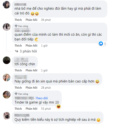 "Đừng lên youtube và chia sẻ, rao dạy cho các chị em gái cách kiếm tiền thế này", "Nhà bố mẹ để cho nghèo đói lắm hay gì mà phải đi làm cái trò đó", "Này giống đi ăn xin quá mà phiên bản cao cấp hơn",...là những bình luận ngán ngẩm của cư dân mạng.