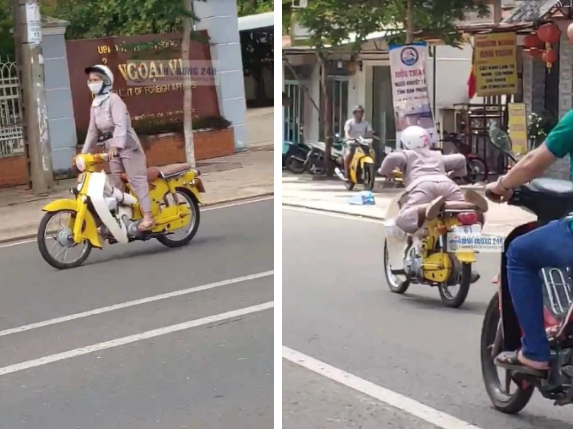 Ngay từ đầu đoạn clip, người phụ nữ đã vừa chạy xe vừa đứng hẳn người lên trên hai bàn đạp một thời gian hơn 1 phút. Khi biết có camera quay, "nữ quái xế" lớn tuổi càng thêm thích thú, tiếp tục thể hiện những động tác nguy hiểm hơn. Nhiều người đã bày tỏ sự sợ hãi trước hành động chạy xe liều lĩnh của người phụ nữ này. Ảnh: Tổng hợp