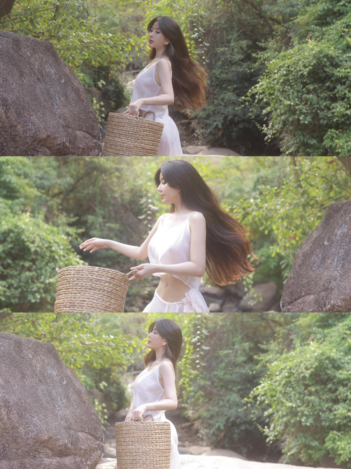 Mới đây, hot girl Võ Ngọc Trân tung loạt hình thời trang theo phong cách lolita. Cô diện trang phục trắng mỏng tang, tạo dáng táo bạo giữa núi rừng.