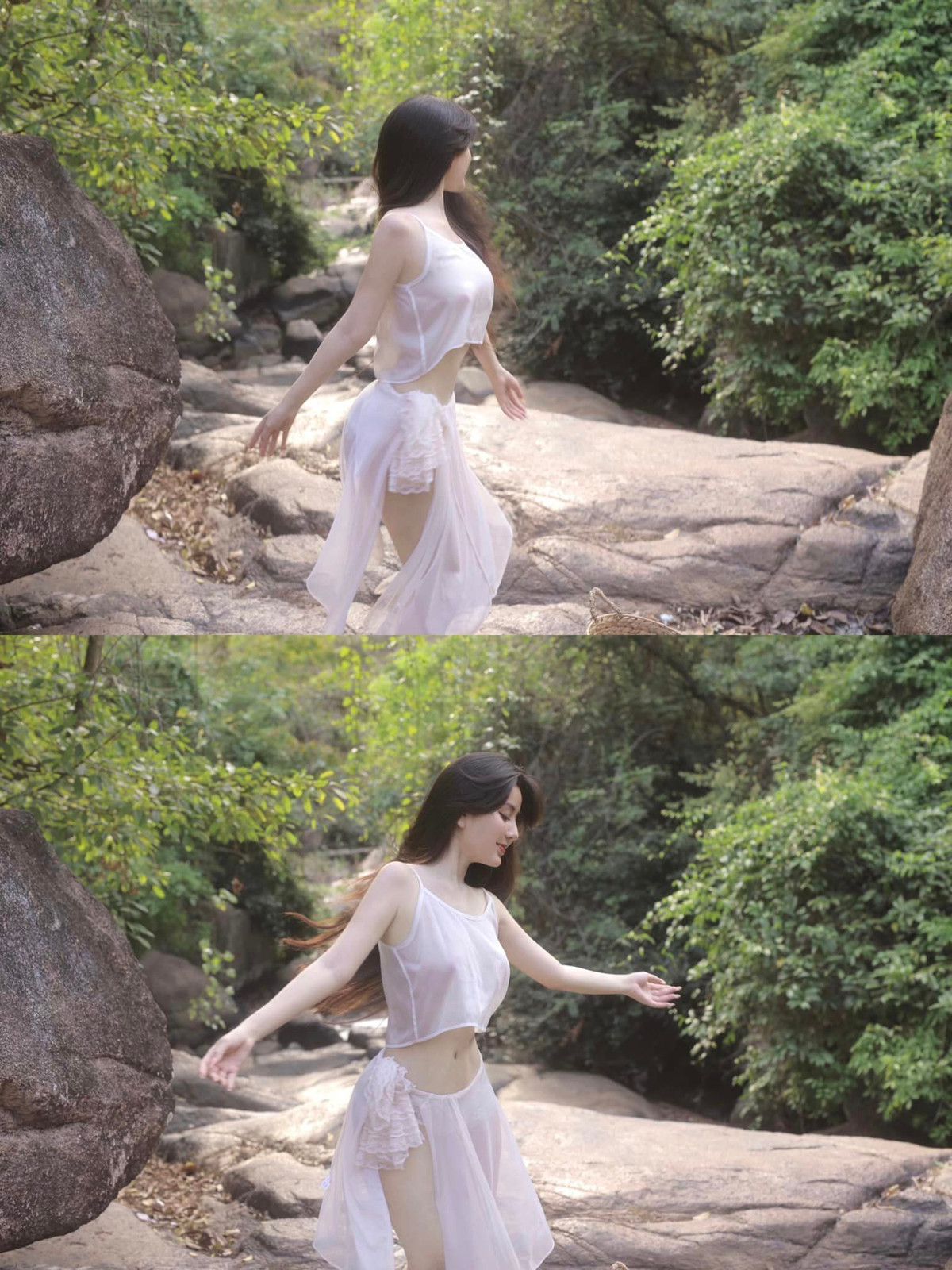 Sở hữu làn da trắng sứ, số đo 3 vòng đẫy đà cùng với gương mặt thần tiên, Võ Ngọc Trân khiến người xem mơ màng giữa khung cảnh thiên nhiên hùng vĩ.