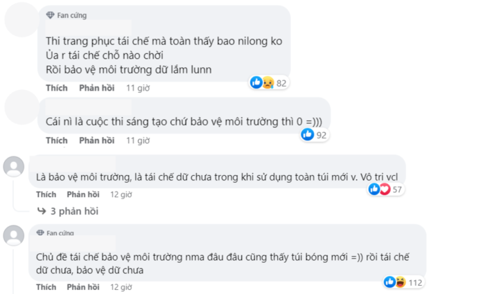 Mục đích chính vẫn là nâng cao ý thức bảo vệ môi trường nhưng đa phần các bộ trang phục tái chế trên lại được làm hầu hết từ túi nilong, ai cũng biết đây là vật liệu khó phân hủy trong tự nhiên.