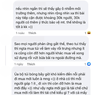 "Thi trang phục tái chế mà toàn thấy bao nilong không, ủa rồi tái chế chỗ nào, rồi bảo vệ môi trường dữ lắm chưa", "Chủ đề là bảo vệ môi trường mà đâu đâu cũng thấy túi bóng mới, chắc mua về làm ấy chứ",...là những bình luận của cư dân mạng.