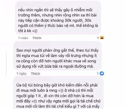 "Thi trang phục tái chế mà toàn thấy bao nilong không, ủa rồi tái chế chỗ nào, rồi bảo vệ môi trường dữ lắm chưa", "Chủ đề là bảo vệ môi trường mà đâu đâu cũng thấy túi bóng mới, chắc mua về làm ấy chứ",...là những bình luận của cư dân mạng.