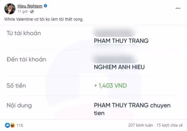 Món quà mà vợ anh chàng tặng lại khiến dân tình ngã ngửa và "muốn xỉu ngang". Theo đó, Xoài Non đã chuyển khoản cho chồng hẳn 1.403 đồng tương ứng với ngày 14/3.