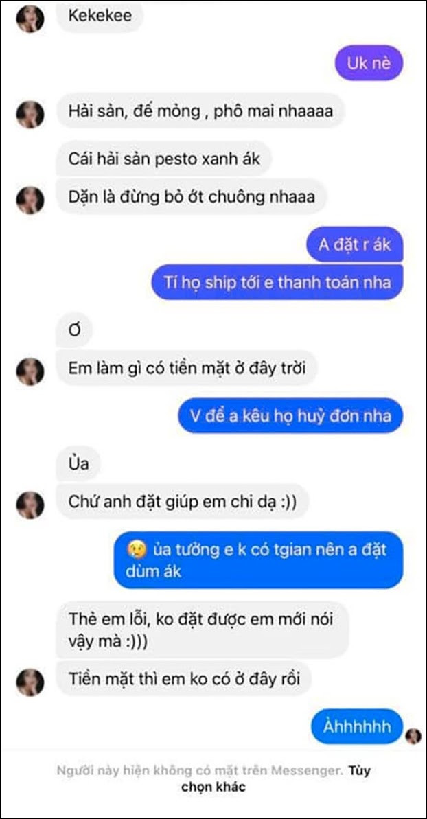 Câu chuyện éo le của chàng trai nhanh chóng thu hút đông đảo cư dân mạng. Đa số ý kiến chỉ biết cười ra nước mắt trước màn “đói bụng” của cô gái trẻ. Nhiều bình luận lại cho rằng cô nàng đang có màn “‘đào mỏ” khá cồng kềnh, lại gặp ngay anh chàng không dễ bị lừa nên tức tối chặn luôn.