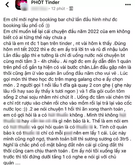 Theo chia sẻ của chàng trai, cô gái anh quen qua app hẹn hò này rủ anh đi nhậu, với bản tính hào phóng của mình nên anh nhường cho bạn gái chọn quán, rồi nhường luôn cả phần chọn món.