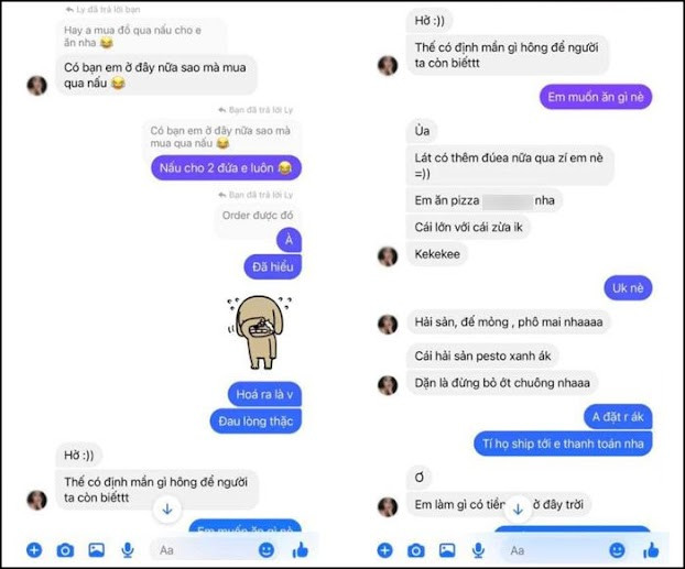 Theo lời tự giới thiệu, cô nàng 20 tuổi vốn là một người mẫu, sau một hồi nói chuyện thì cô gái nhờ đặt 2 cái pizza cỡ vừa và cỡ to. Vì tin tưởng nên anh chàng này nhận lời đặt giúp ngay, sau đó có nhắc nhở cô ấy thanh toán khi nhận hàng thì bạn bảo không có tiền mặt, nhờ mình đặt giúp vì thẻ bị lỗi. Tuy nhiên anh chàng đã tỉnh táo và không trả tiền trước, cô gái kia nhanh chóng "block" để đỡ thêm rắc rối.