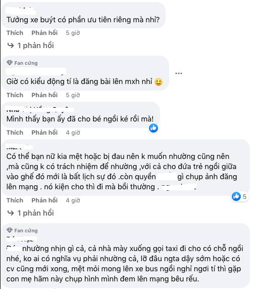 "Về mặt lương tâm "có thể" em sai khi không nhường chỗ cho con nít nhưng về lý thì e đúng. Nhường không phải là bổn phận, cũng chẳng phải trách nhiệm của 1 ai.", "Đứa nhỏ cũng lớn rồi, chị làm như vậy là góp phần làm hư đứa trẻ, em nhỏ kia cũng đã nên học cách nhường cho người lớn rồi chứ không phải được chiều chuộng theo cách của mẹ nó",...là những bình luận của cư dân mạng về bài đăng của người mẹ.