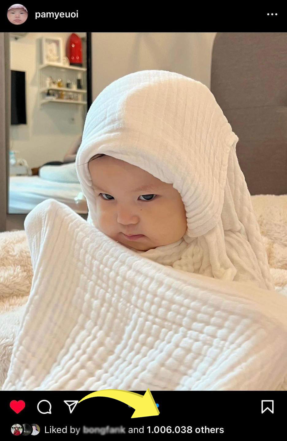 Đặc biệt mới đây, người hâm mộ phát hiện bài viết có hình ảnh Pamela "cosplay" linh vật của World Cup 2022 La'eeb đã thu về 1 triệu lượt thích. Đây cũng là em bé Việt Nam đầu tiên đạt được cột mốc này trên nền tảng Instagram.