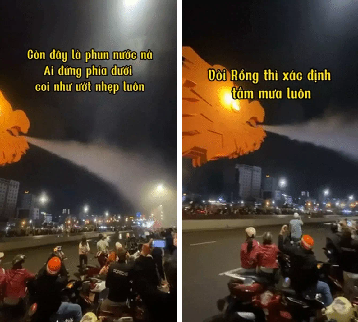 Ngay sau khoảnh khắc cầu Rồng phun lửa xong là phun nước, với vị trí đứng gần nên anh chàng gần như đã ướt nhẹp người.