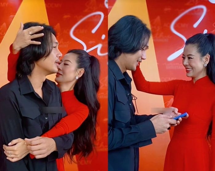 Trước đó, Nam Thư từng gây tranh cãi vì cũng có hành động thân mật quá mức với Quang Tuấn tại một sự kiện. Ảnh: Bí mật Vbiz.