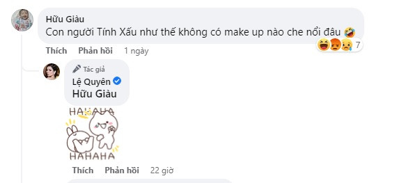 Lệ Quyên cũng không đả động gì đến ồn ào bị "cà khịa" vừa qua. Khi được một khán giả nhắc lại, cô chỉ đăng biểu tượng cảm xúc cười "Haha".