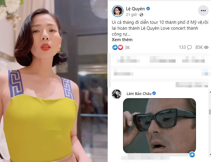 Trên trang cá nhân của mình, Lệ Quyên chia sẻ niềm vui: "Cả tháng đi diễn tour 10 thành phố ở Mỹ về, rồi lại hoàn thành Lệ Quyên Love concert thành công rực rỡ. Hôm qua mới về phòng trà hát, khán giả đông kín, hát hơn 20 bài happy trong yêu thương không muốn về luôn ý. Vẫn là giấc ngủ 9 tiếng mới dậy, giờ thong thả đi ăn trưa rồi ngắm phố phường ngày chủ nhật đây các tình yêu ơi". Dòng status nhiều năng lượng đăng cùng đoạn video khoe dáng của nữ ca sĩ được tình trẻ kém 12 tuổi "thả thính" nhiệt tình.