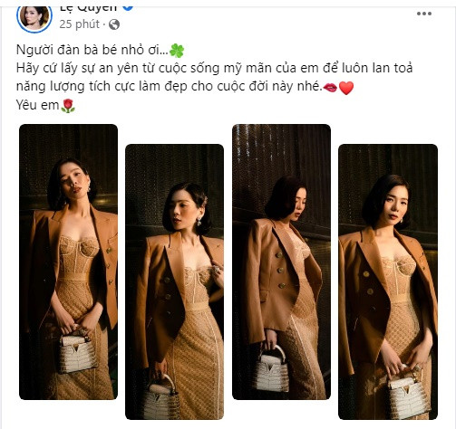 Trong status mới nhất, nữ ca sĩ tự nhủ: "Người đàn bà bé nhỏ ơi... Hãy cứ lấy sự an yên từ cuộc sống mỹ mãn của em để luôn lan toả năng lượng tích cực làm đẹp cho cuộc đời này nhé. Yêu em".