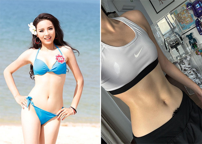 Sau khi lên ngôi Hoa hậu Việt Nam 2014, Kỳ Duyên ngày càng chăm chỉ luyện tập. Body hiện tại của cô (phải) được khen là đẹp rất nhiều so với 9 năm trước.