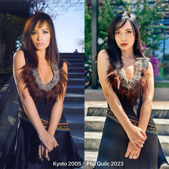 Trên trang cá nhân Thúy Hạnh vừa khoe hình ảnh cô mặc cùng một chiếc váy nhưng một ảnh là năm 2005 và một ảnh năm 2023. Nhìn ảnh mới thấy dù 18 năm đã qua, không chỉ vẫn mặc vừa chiếc váy cũ mà khuôn mặt của Thúy Hạnh cũng vẫn trẻ trung như gần 20 năm trước.