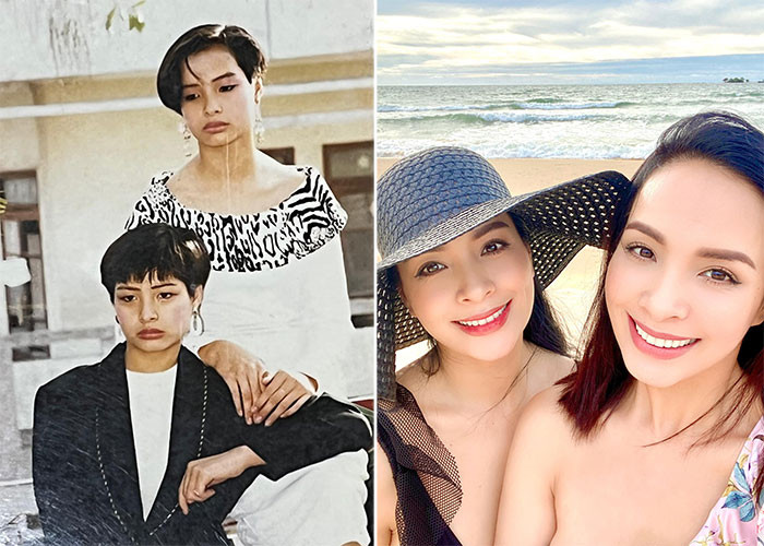 Thúy Hằng - Thúy Hạnh năm 1992 khi mới làm người mẫu (trái) và phiên bản hai chị em ở hiện tại.