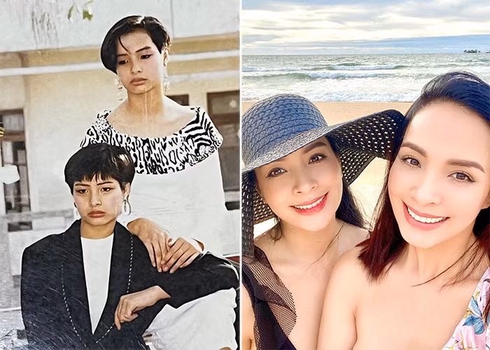 Thúy Hằng - Thúy Hạnh năm 1992 khi mới làm người mẫu (trái) và phiên bản hai chị em ở hiện tại.