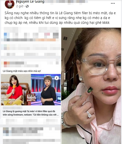 Mới đây, trên trang cá nhân của mình, Lê Giang lên tiếng đính chính quanh tin đồn cô bị "méo mặt" vì can thiệp thẩm mỹ.