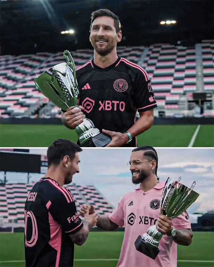 Trong MV có cảnh Messi xuất hiện trong màu áo Inter Miami tại sân vận động DRV PNK của đội và trao cho Maluma một chiếc cúp trước khi ôm anh. (Ảnh: Instagram)