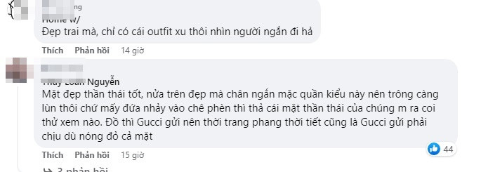 Trên các diễn đàn mạng xã hội, thành viên T. L.N bình luận: "Mặt đẹp, thần thái tốt, nửa trên đẹp mà chân ngắn mặc quần kiểu này nên trông càng lùn thôi...". Ảnh chụp màn hình.
