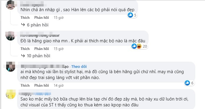 Số khác lên tiếng bên vực: "Ai mà không vài lần bị stylist hại", "Đồ cũng là bên hãng gửi, có phải ai thích mặc bộ nào thì mặc đâu", "May mà cũng nhờ đẹp trai sáng láng vớt vát phần nào"... Ảnh chụp màn hình.