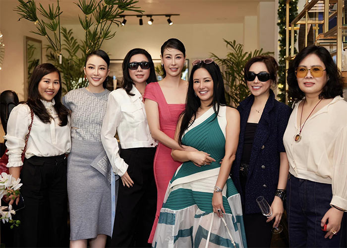 Mặc một chiếc váy len màu ghi, Linh Nga đẹp rạng rỡ khi đứng chụp ảnh cùng các bạn bè thân thiết như Hoa hậu Hà Kiều Anh, ca sĩ Hồng Nhung...