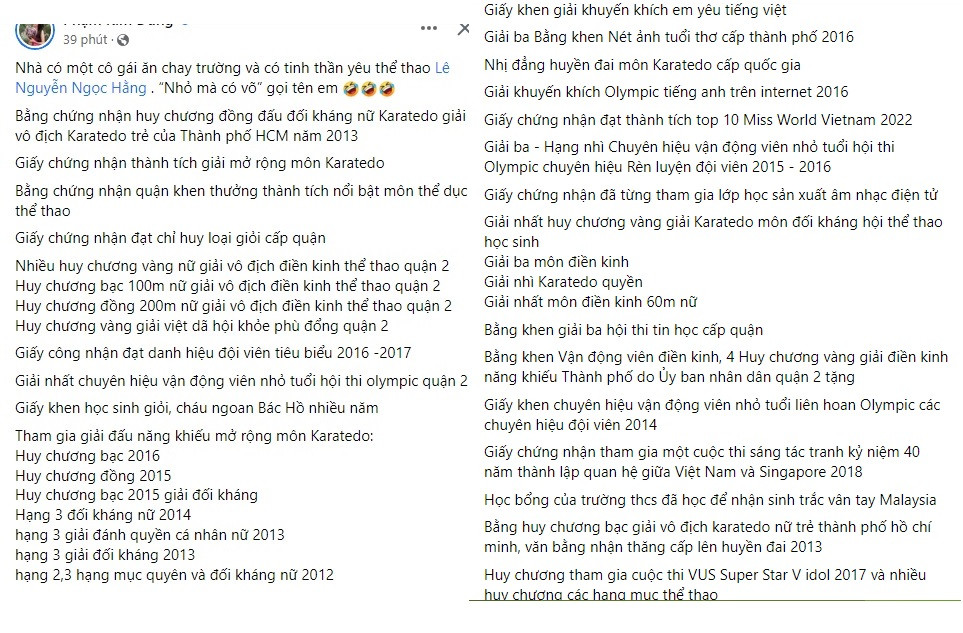 Bà Kim Dung tự hào khoe: "Nhà có một cô gái ăn chay trường và có tinh thần yêu thể thao Lê Nguyễn Ngọc Hằng. “Nhỏ mà có võ” gọi tên em", kèm theo đó là loạt thành tích "khủng" của "gà cưng".