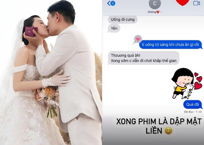 Người đẹp 36 tuổi được chồng chăm sóc từng li từng tí. Cô từng khoe tin nhắn ngọt ngào giữa hai vợ chồng, trong đó chồng cô dặn dò vợ uống tổ yến để bồi bổ sức khỏe.